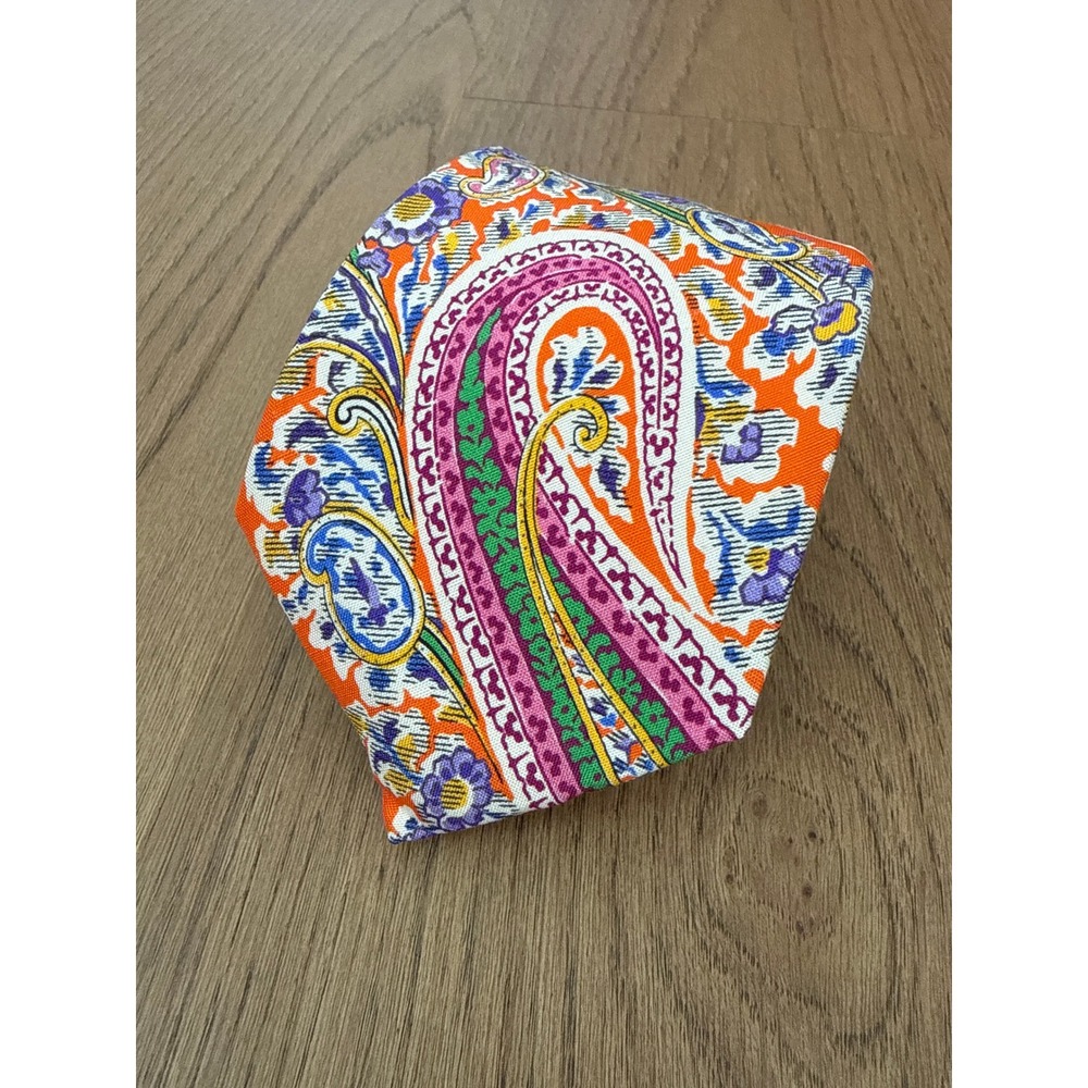 Ralph Lauren Purple Label Mens Silk Paisley Necktie Orange Purple Handmade